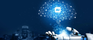 ilustração mão bionica aberta com projeção de ramificações e IA