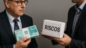 Dois homens de terno simulam uma troca , um homem com um maço de dineiro e outro com um pacote escrito riscos