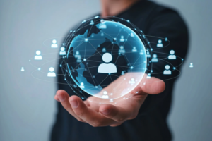 ilustração mão de executivo exibindo um holograma com ícone de pessoa