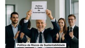grupo de executivos, um deles comum documento na mão, comemorando política de riscos e sustentablidade.