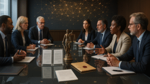 reuniçao de trabalho , homens e mulheres em torno de uma mesa . imagem de IA