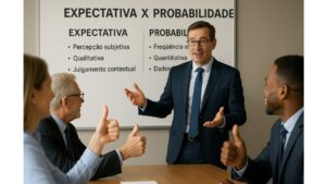 reunião de profissionais em uma mesa, com um homem apresentando um quadro com as diferenças de expectativa e probabilidade